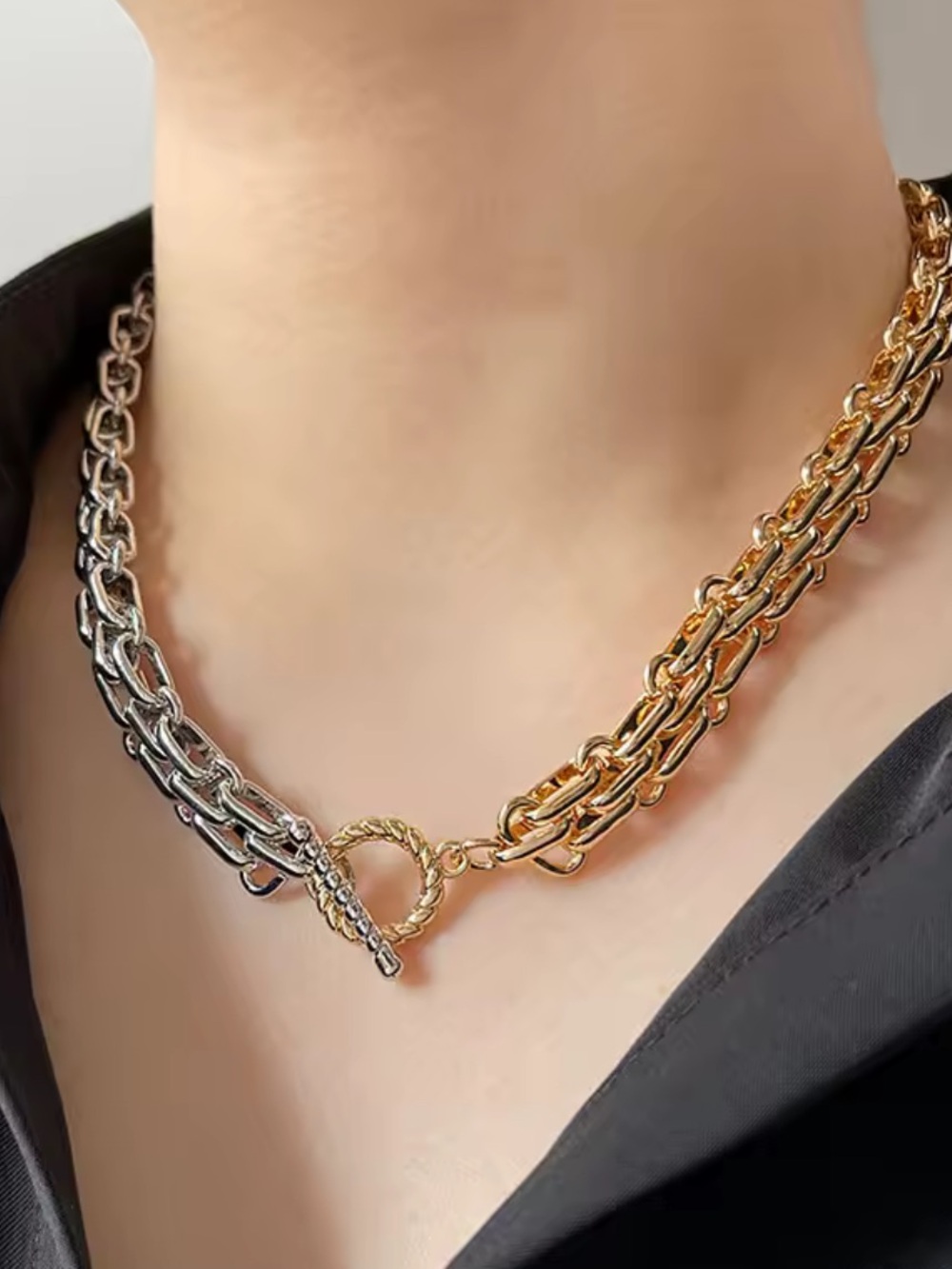 Luxury Two Tone Chain Necklace Bracelet Set